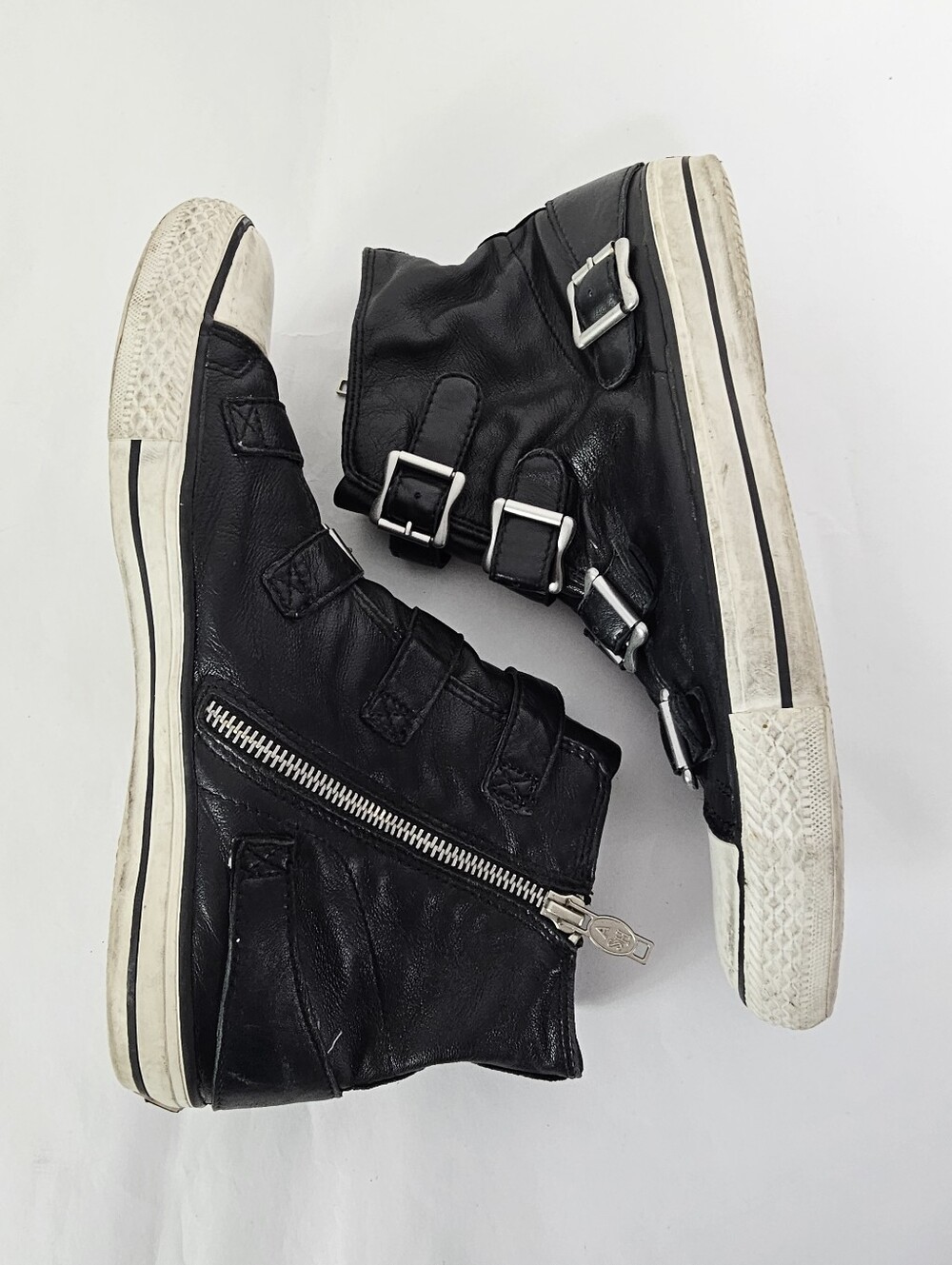 ASH Virgin Black Leather Buckle High Top Sneakers Size 41 - Picture 7 of 11